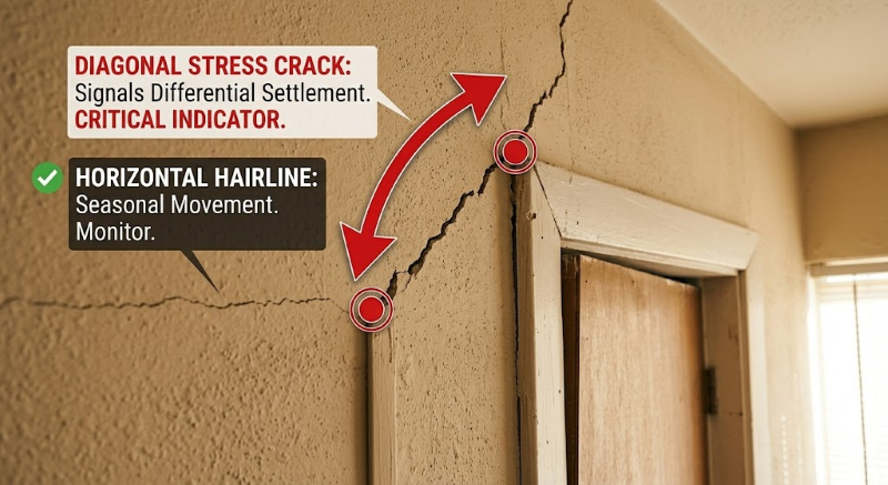 Tucson home sticking door frame diagnostic with red overlay showing diagonal drywall stress crack