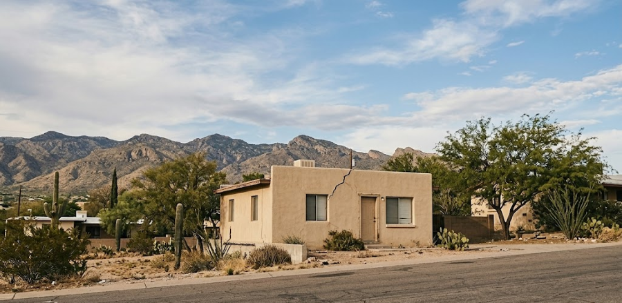 A panoramic landscape photograph of a Tucson stucco home featuring a visible diagonal crack above an exterior window, set against a backdrop of distant, arid mountains. This image is the featured image for the wall crack guide.