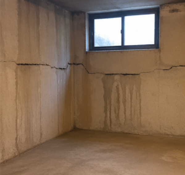 Interior foundation wall showing cracking and moisture staining near a basement-style window.