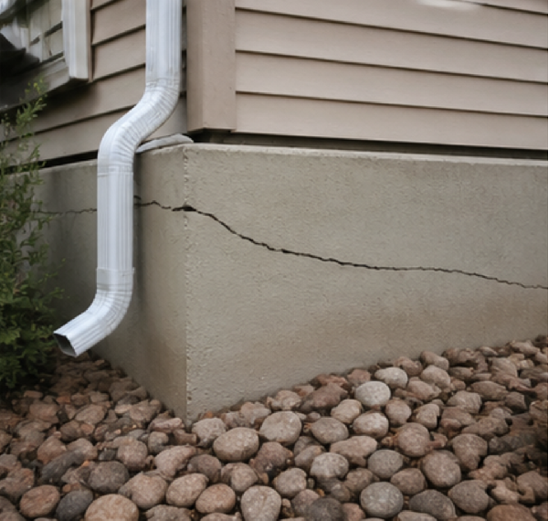 Home foundation wall with a horizontal crack near a downspout and rock landscaping.