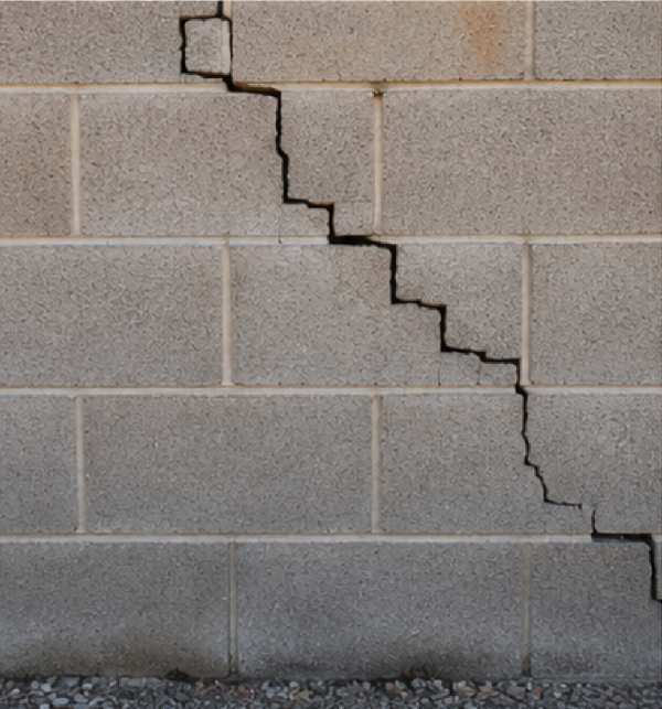 Close-up of stair-step cracking in a concrete block foundation wall.