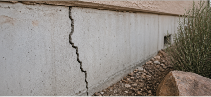 Wide exterior view of a Tucson home foundation wall with a visible vertical crack near desert landscaping.