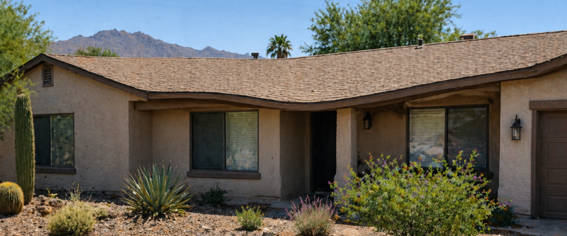 Exterior view of a Tucson home showing a visibly sagging roofline with a noticeable dip near the center of the structure, desert-style landscaping in front.