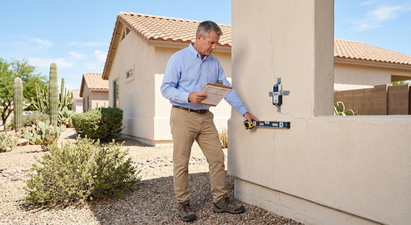 Independent structural inspector evaluating foundation cracks at a Tucson Arizona home before contractor repairs are considered