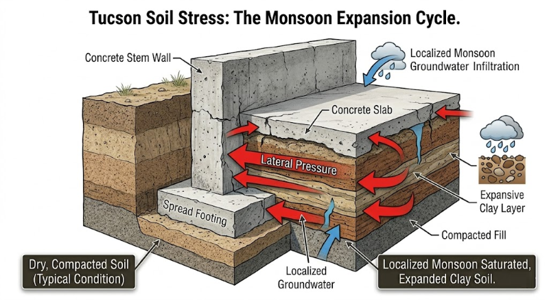 A technical 3D cross-section diagram titled Tucson Soil Stress: The Monsoon Expansion Cycle, showing how localized monsoon groundwater causes an expansive clay layer to exert lateral pressure against a concrete stem wall foundation.
