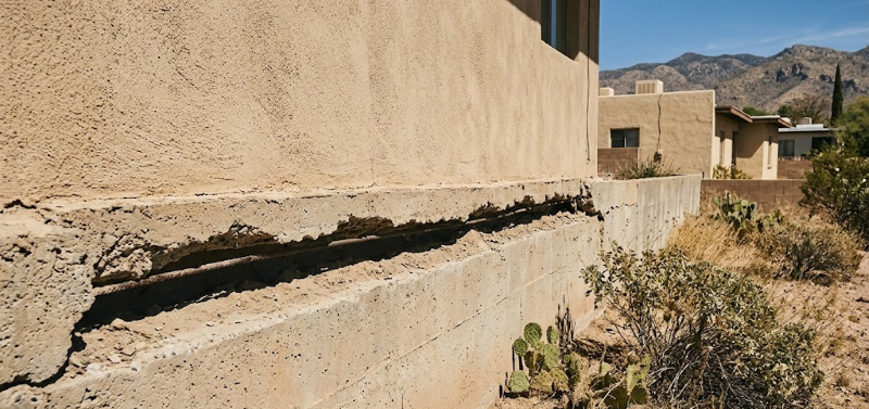 A severe, deep horizontal crack running along the concrete stem wall foundation of a stucco home in a desert Tucson landscape with mountains in the background.