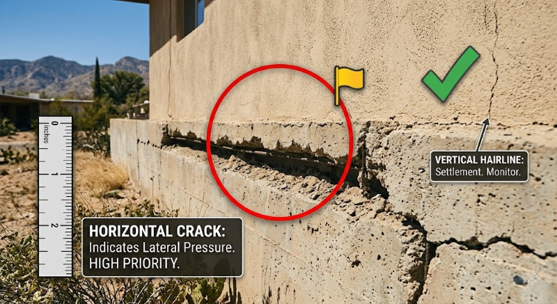 An educational diagnostic image showing a severe horizontal crack circled in red as high priority lateral pressure, contrasted with a harmless vertical hairline settlement crack marked with a green checkmark on a concrete foundation in Tucson.